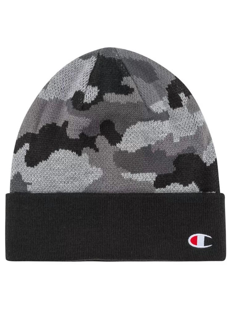 Front of a model wearing a size one-size-fits-all Logo Cuff Beanie In Gray/Black in Gray/Black by Champion. | dia_product_style_image_id:359046